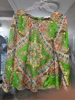 Bright Green Paisley-Print Long Sleeve Top